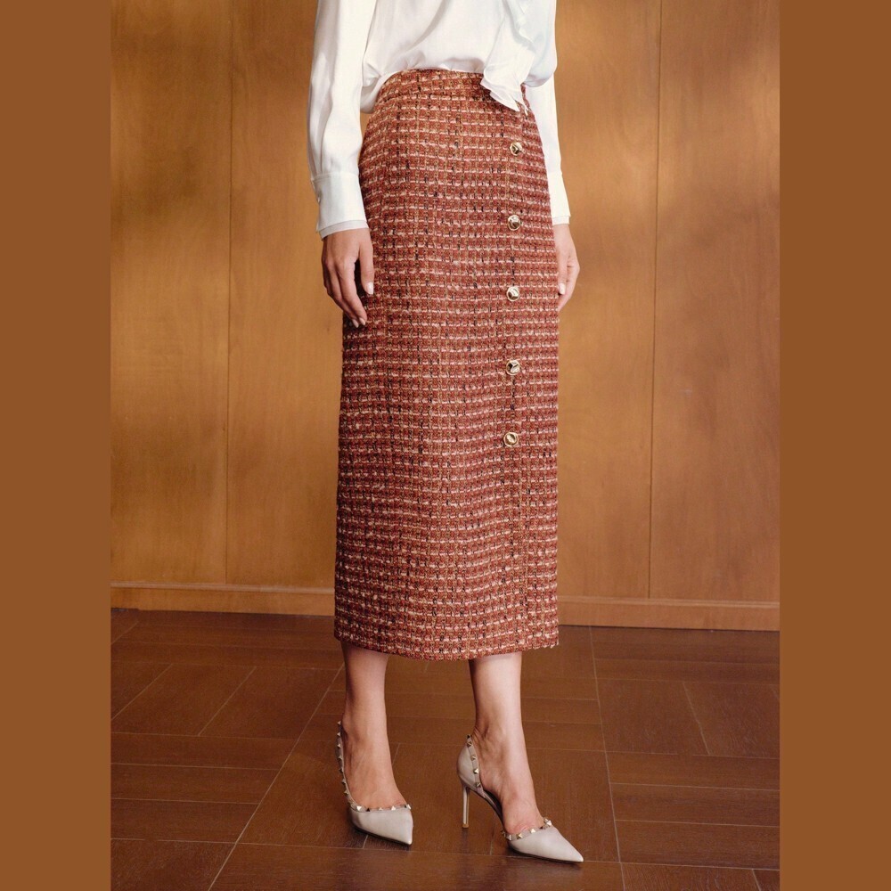 Warm Rust Brown Tweed Gold Button Front Long Midi Pencil Skirt